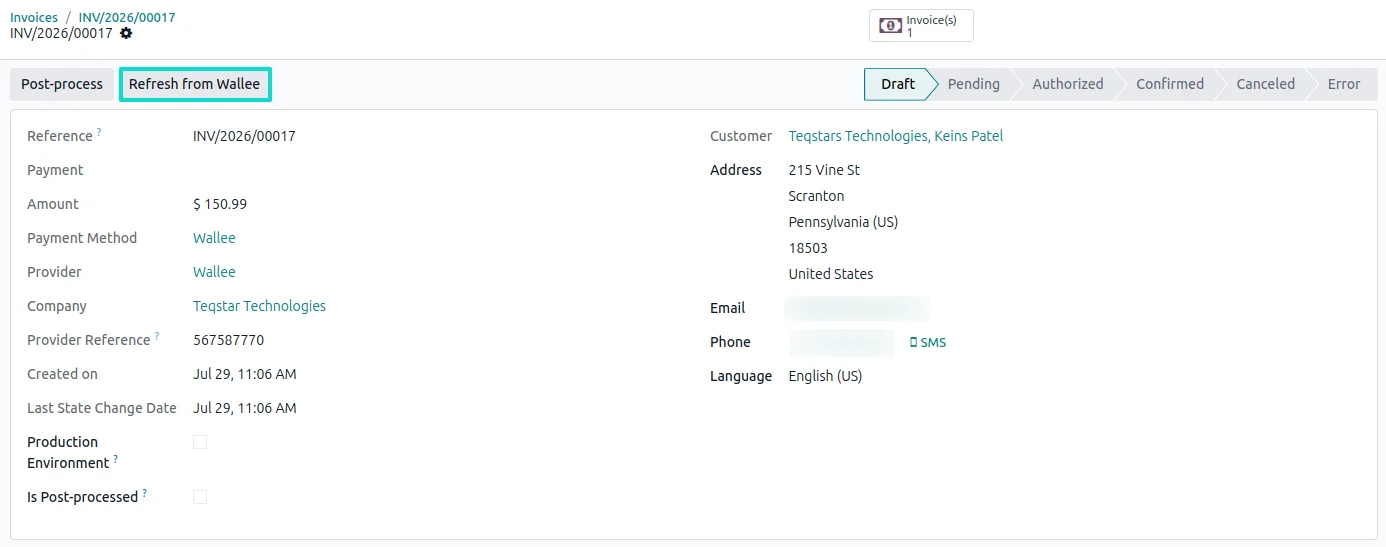 Refresh from Wallee button on an Odoo transaction pulling the current payment status