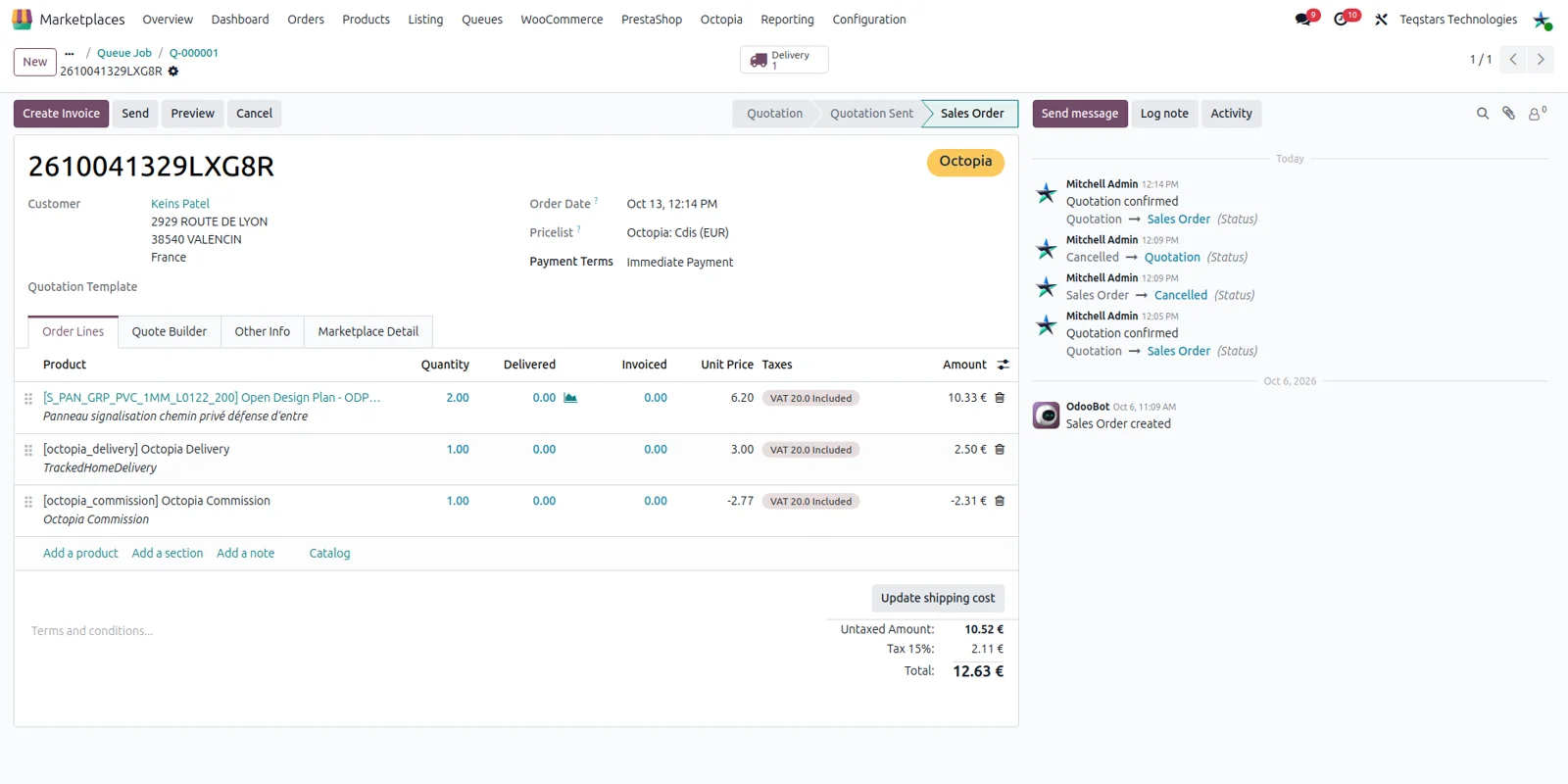 A Cdiscount sale order in Odoo showing product lines, shipping and the Octopia commission line with VAT.