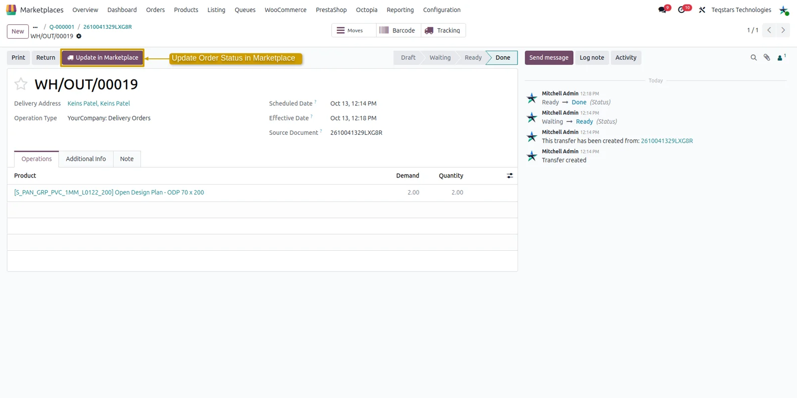 Odoo delivery order sending carrier and tracking number to Cdiscount with the Update in Marketplace button.