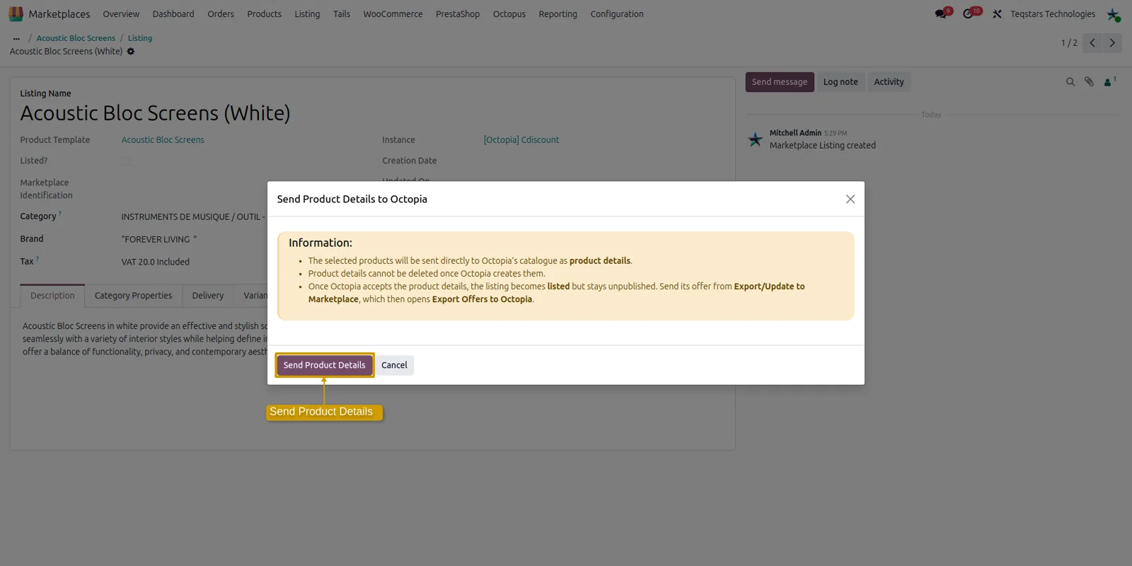 Odoo wizard sending a new product page to the Cdiscount catalogue with its required details.