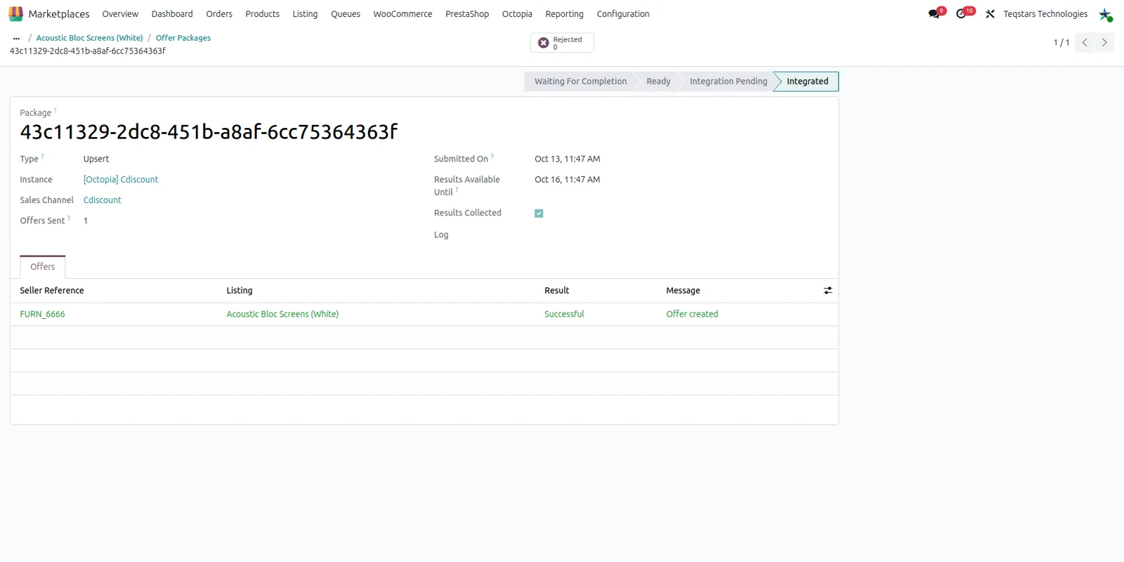 Cdiscount offer results in Odoo, each offer shown as successful or refused with Octopia's message.
