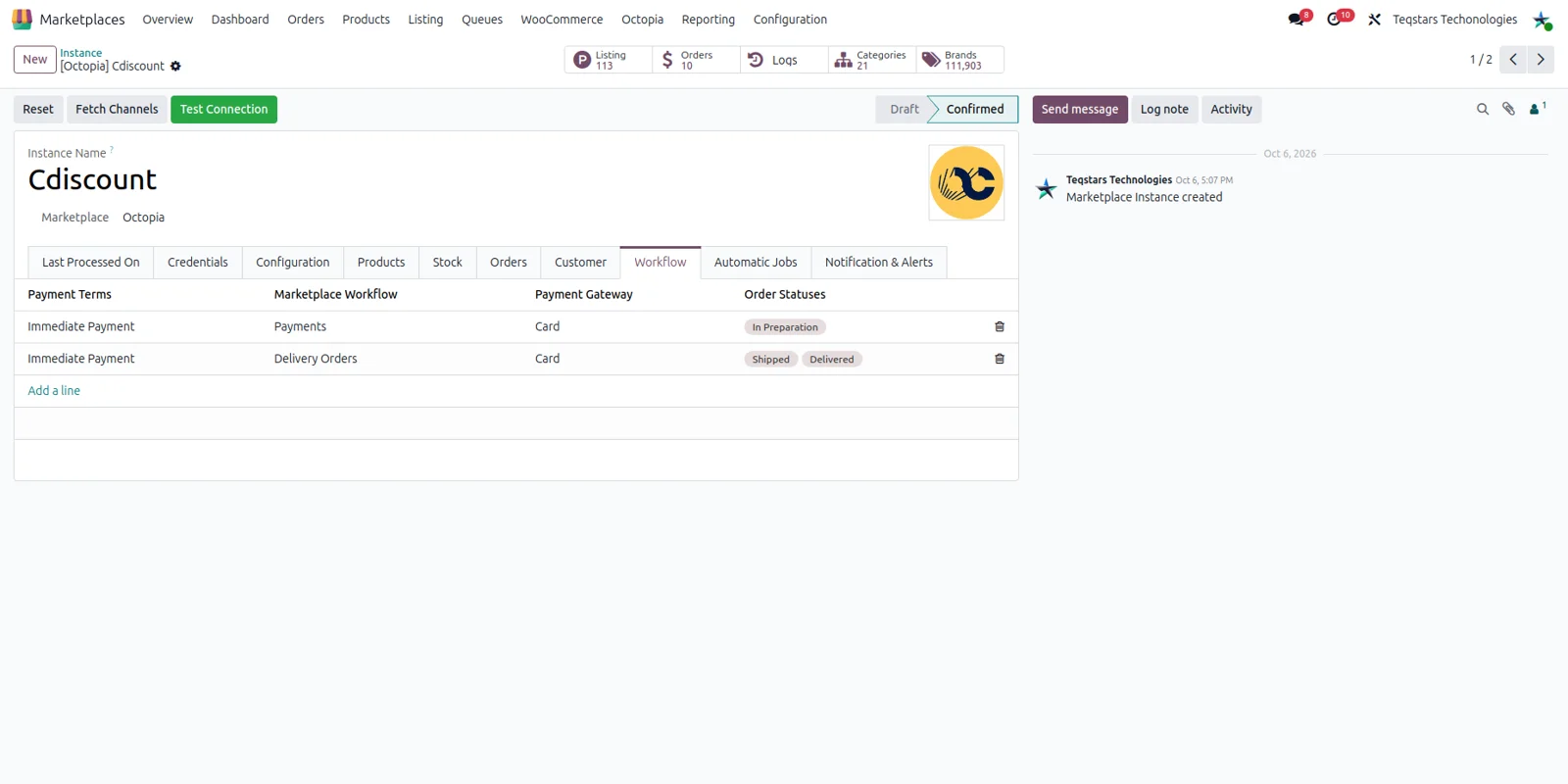 Automatic order workflow settings in Odoo matching Cdiscount payment methods and order statuses.