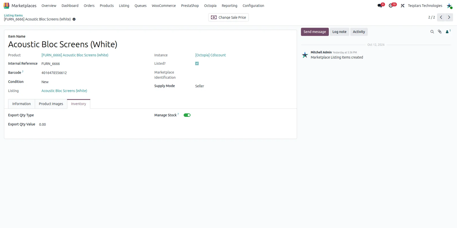 Manage Stock switch on a Cdiscount offer in Odoo, beside the stock figure used for export.
