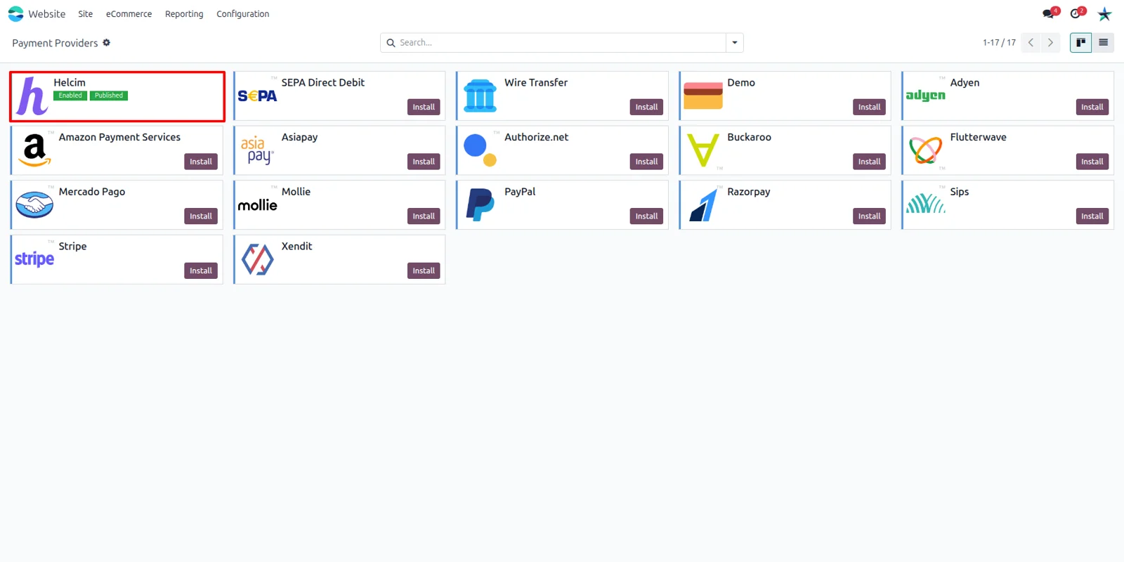 Odoo payment providers list showing the Helcim provider enabled alongside Stripe and PayPal