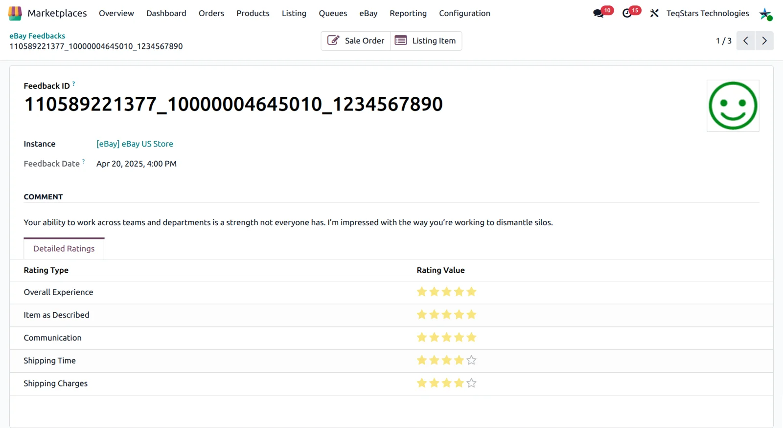 Odoo eBay feedback form showing the buyer rating, comment and detailed seller ratings tab