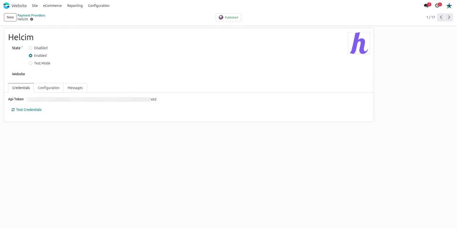 Credentials tab of the Helcim payment provider in Odoo, where the API token is entered