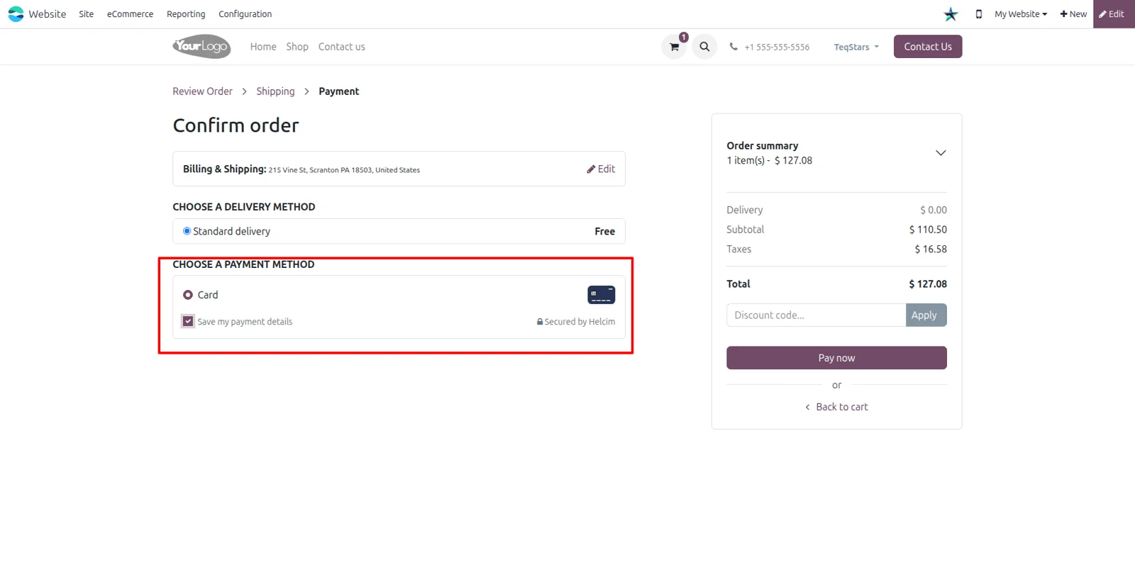 Odoo eCommerce checkout page with Helcim card payment and the option to save payment details