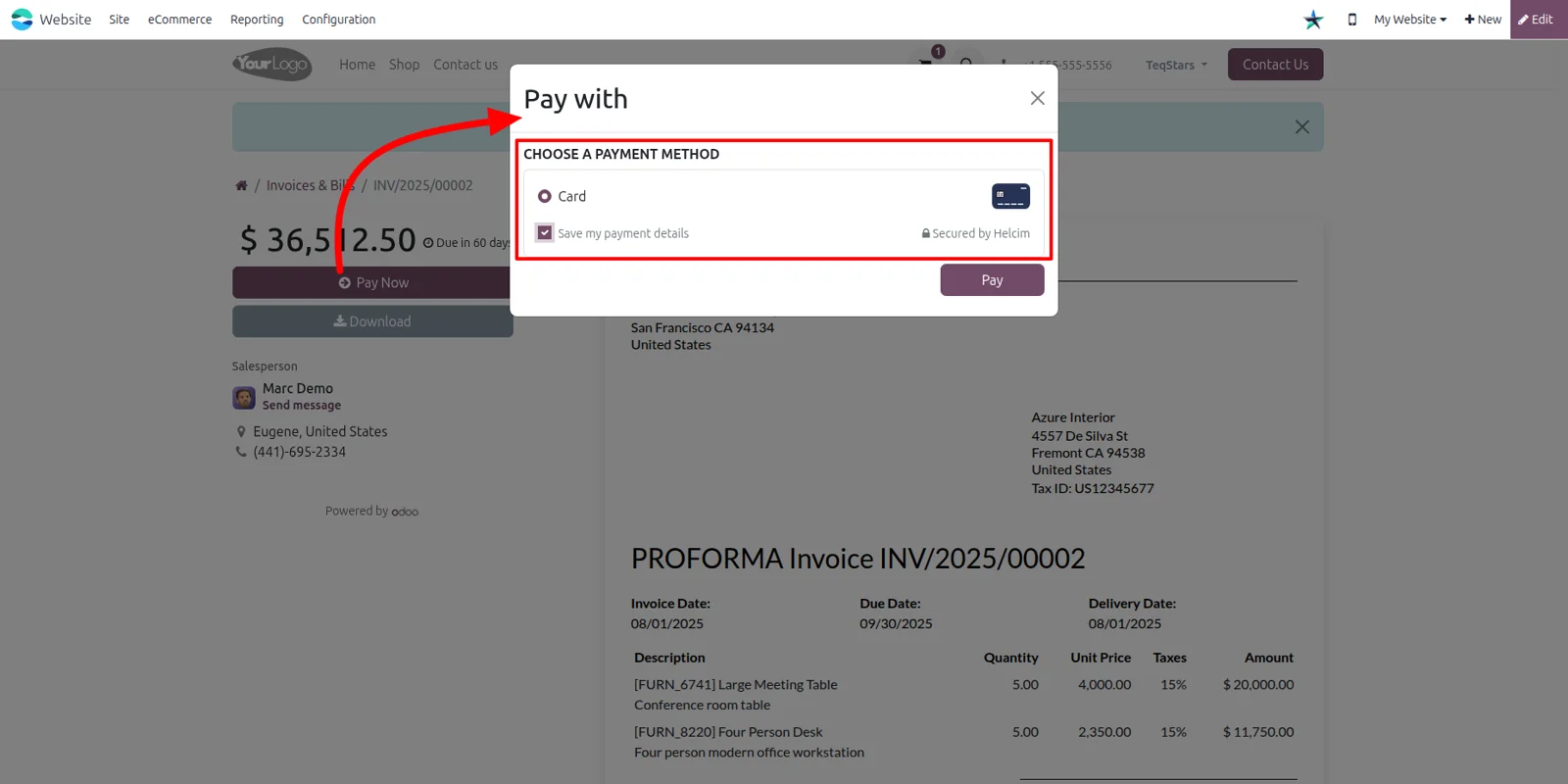 Customer paying a proforma invoice in the Odoo portal through the Helcim payment pop-up