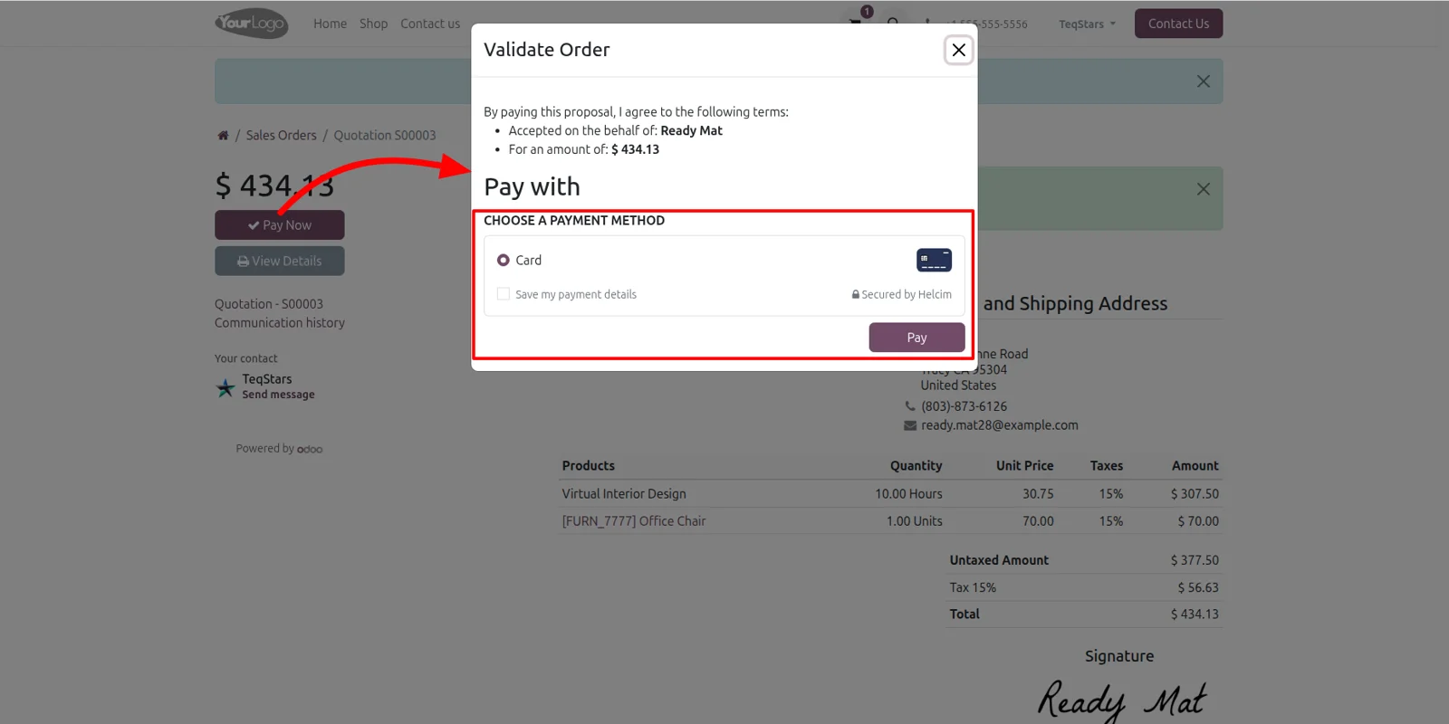 Customer accepting a sales quotation in the Odoo portal and paying online with Helcim