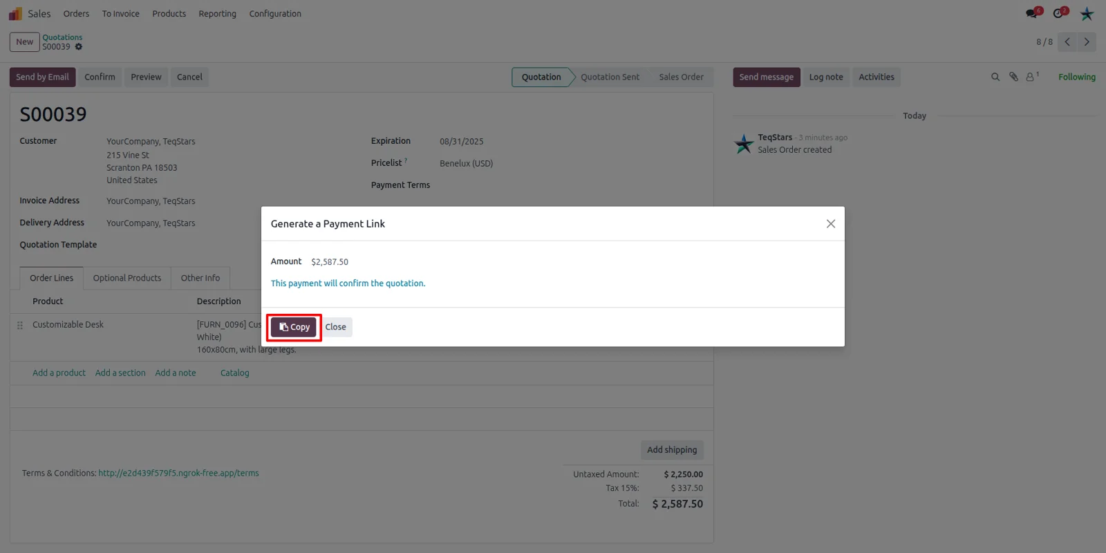 Odoo quotation in the backend with the Copy button used to take a customer payment link