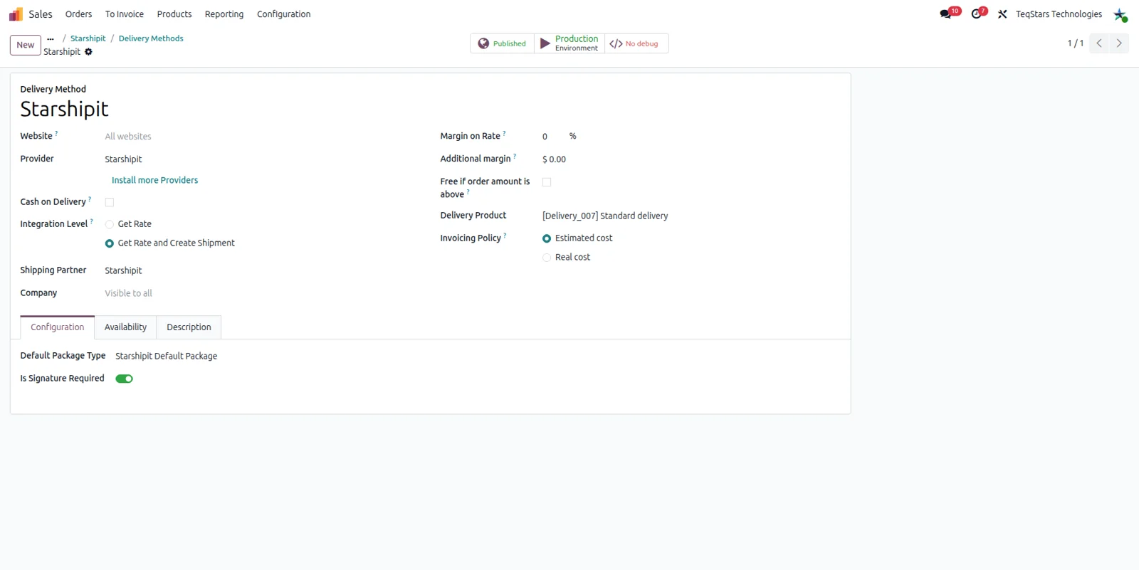 Odoo delivery method form configured for Starshipit, with the carrier service selected
