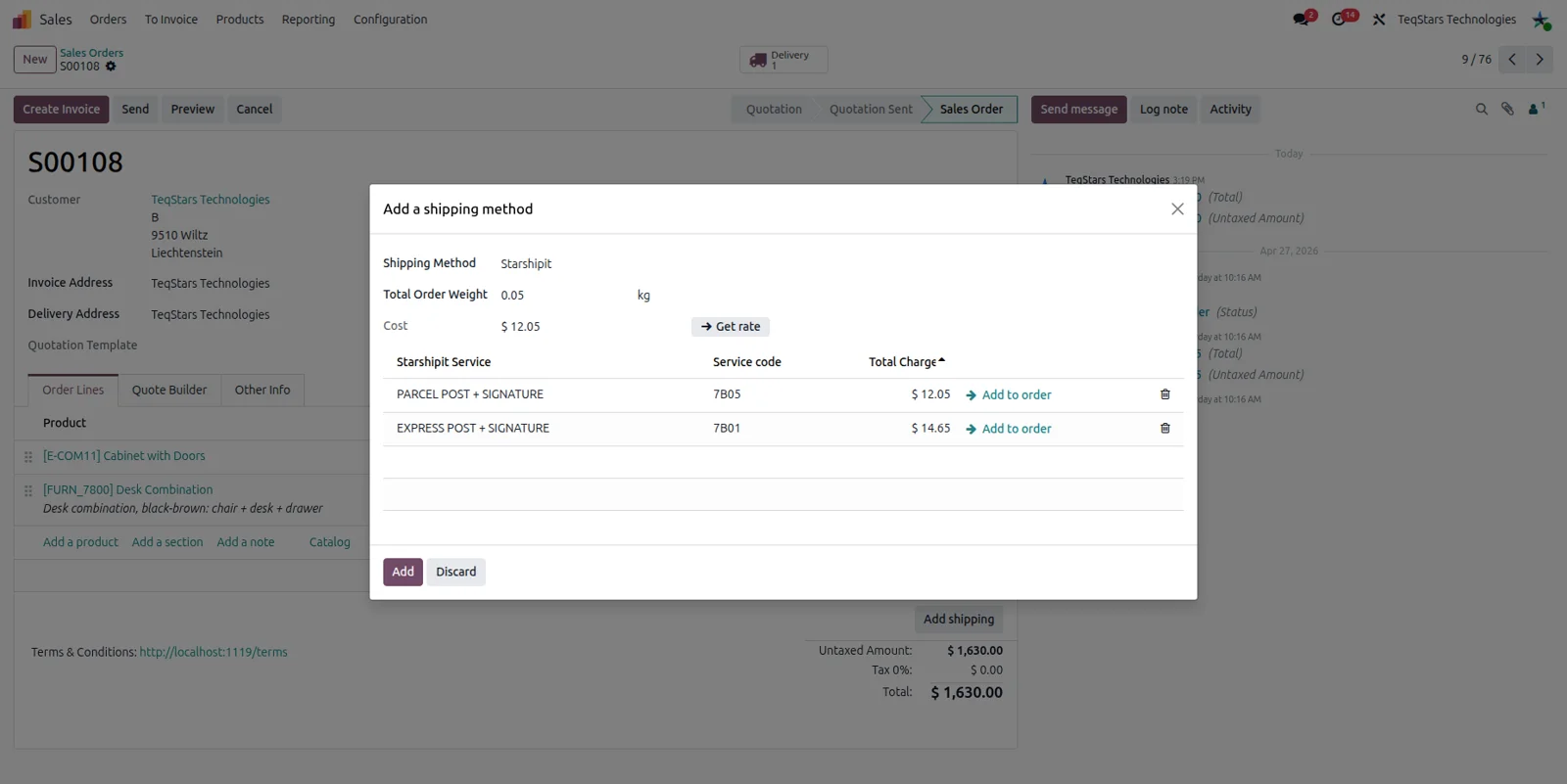 Odoo sales order showing a list of Starshipit shipping services and rates to choose from