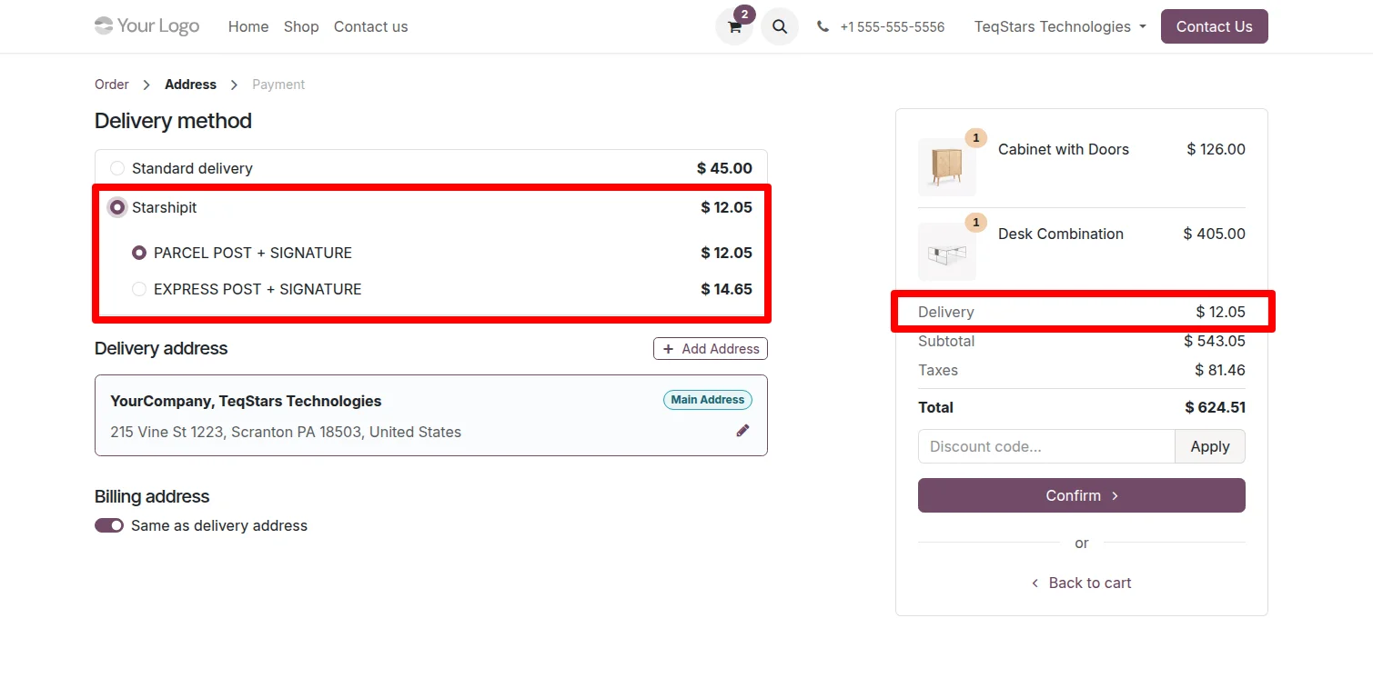 Odoo website checkout listing Starshipit delivery services and rates for the shopper's address