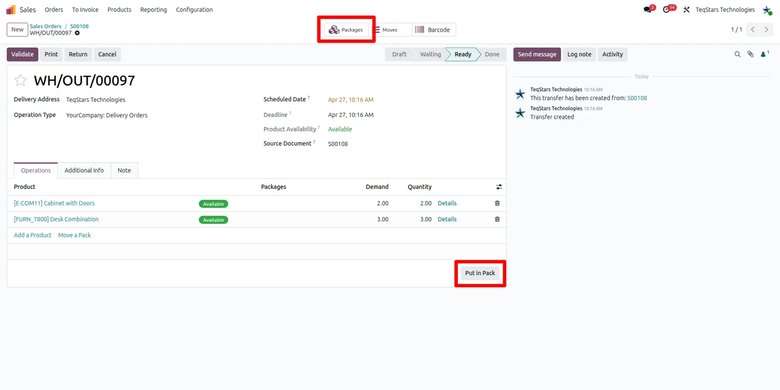 Odoo delivery order packages created with Put in Pack before the Starshipit shipment is booked