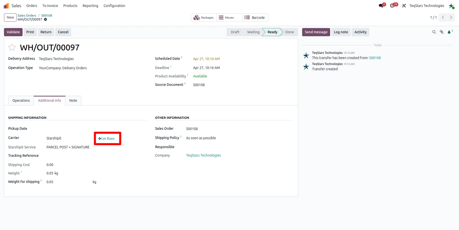 Odoo delivery order with Starshipit shipping rates fetched for the packed goods