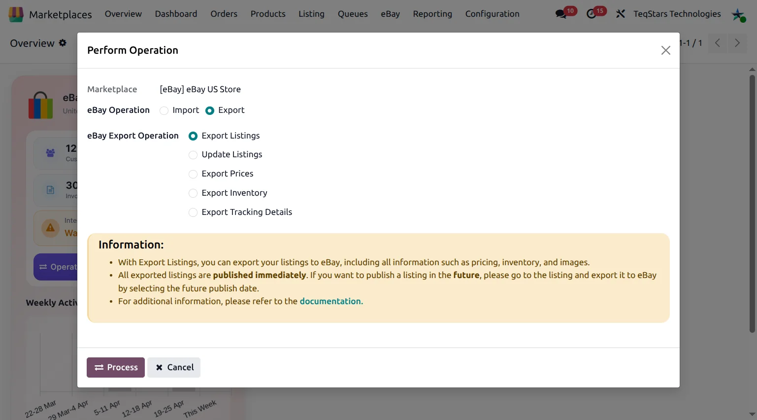 Odoo export operation wizard for the eBay Connector with inventory, price and listing export options