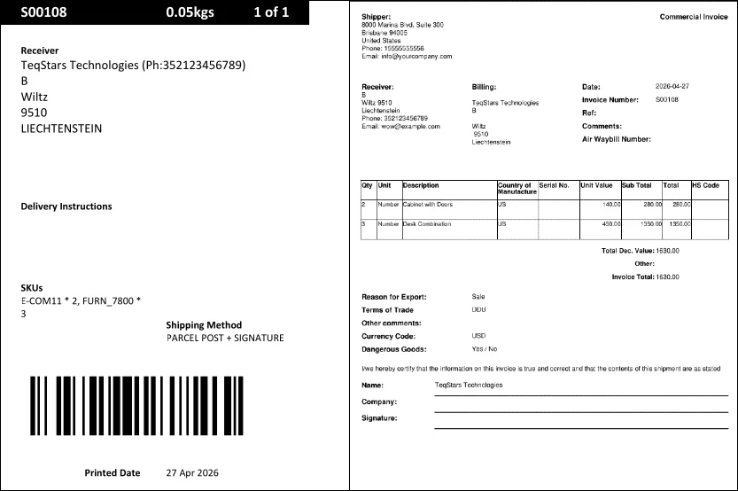 Shipping label and commercial invoice generated by Starshipit Connector on an Odoo delivery order