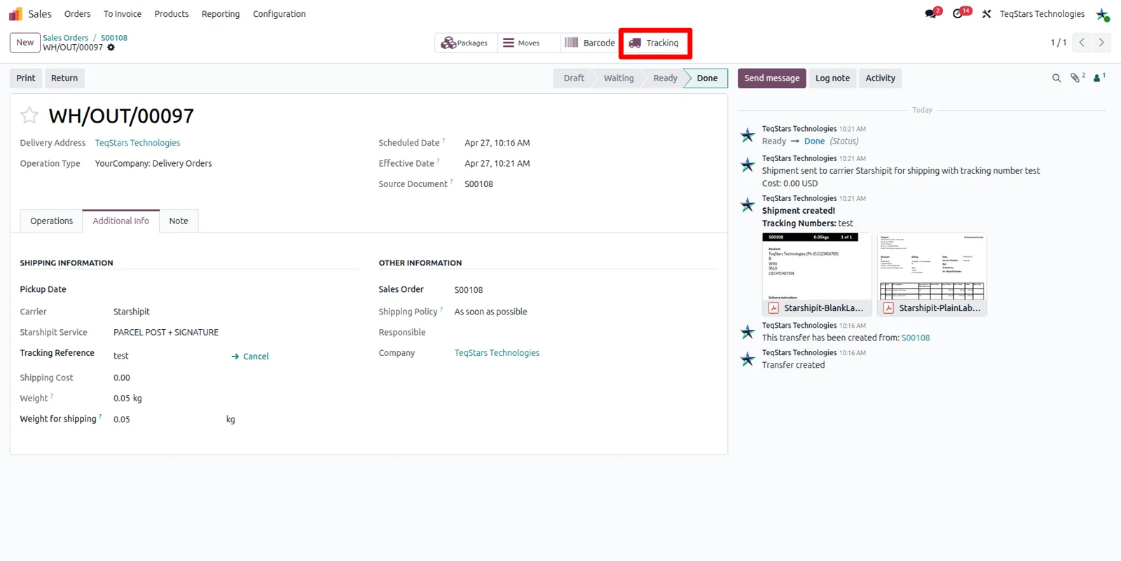 Starshipit shipment tracking status shown against an Odoo delivery order