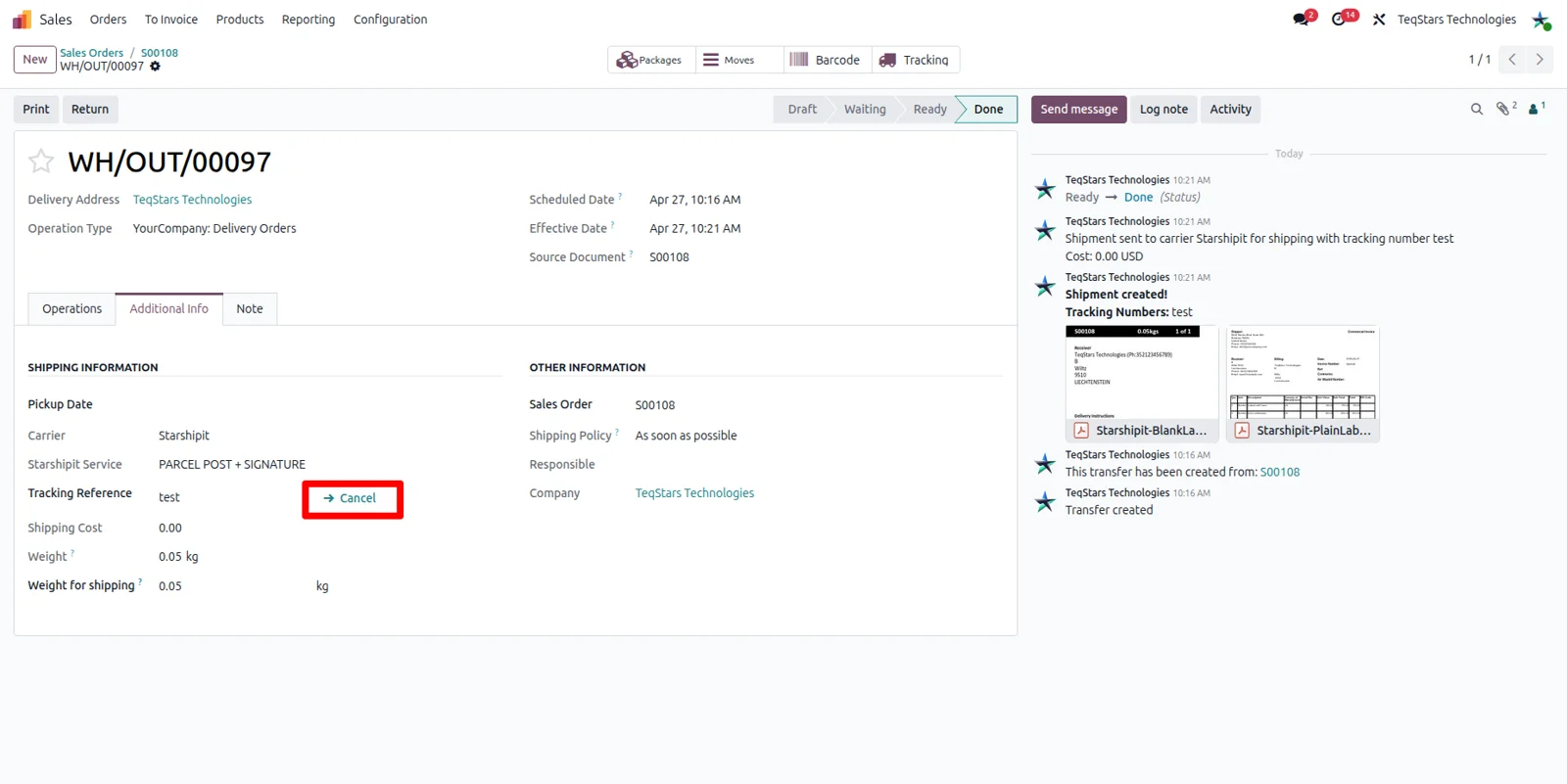 Cancel shipment action on an Odoo delivery order that cancels the booking in Starshipit