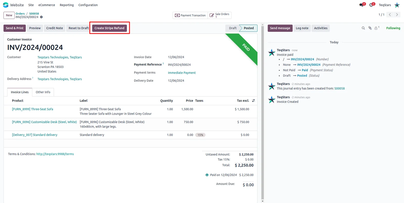 An Odoo customer invoice showing the Create Stripe Refund button in the toolbar