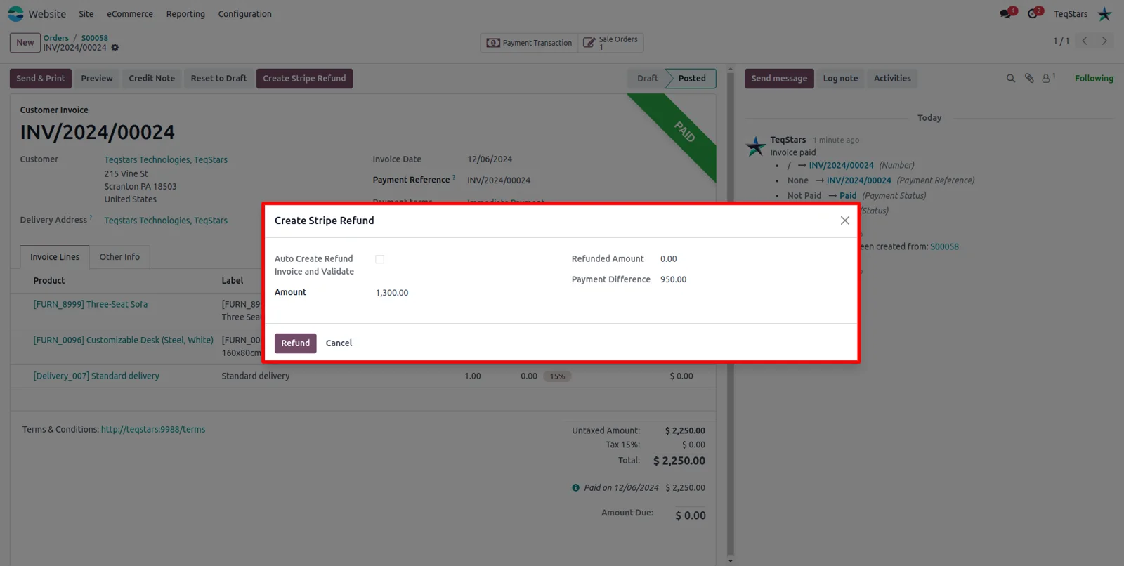 The Create Stripe Refund window in Odoo with a partial refund amount filled in