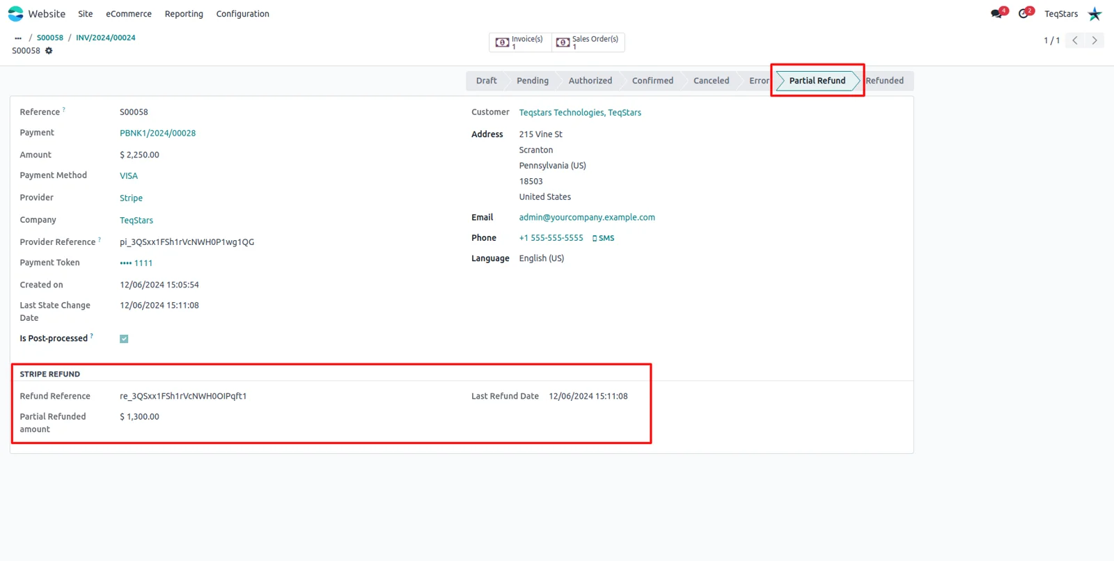 An Odoo payment transaction marked Partial Refund with the Stripe refund reference stored
