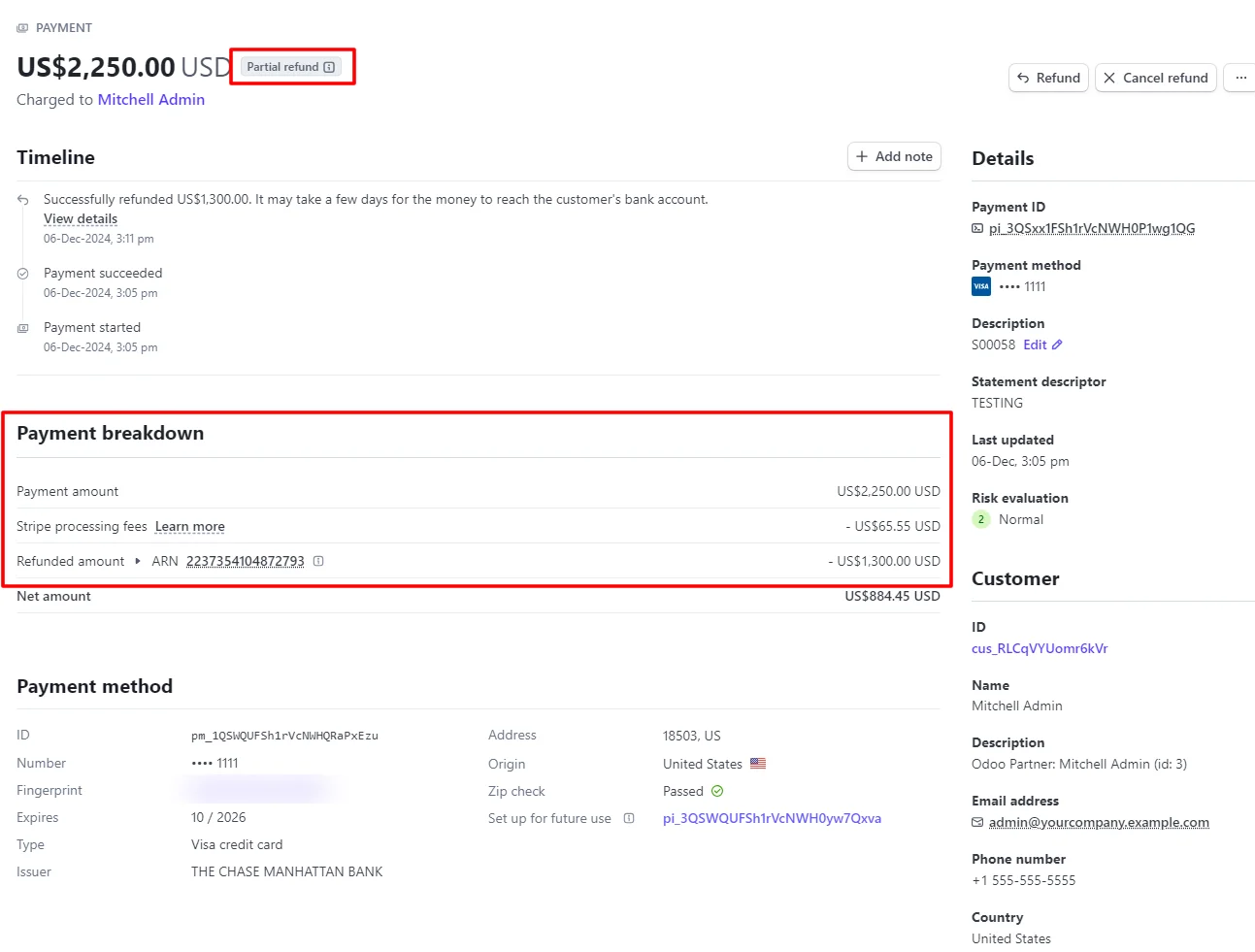 Stripe dashboard view of a partial refund that was created from Odoo