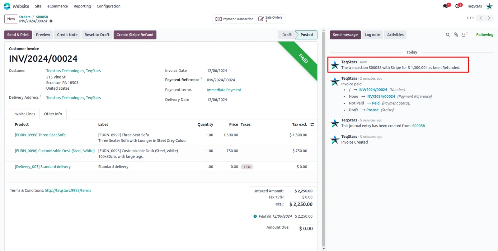 Odoo invoice chatter showing the logged message for a Stripe partial refund