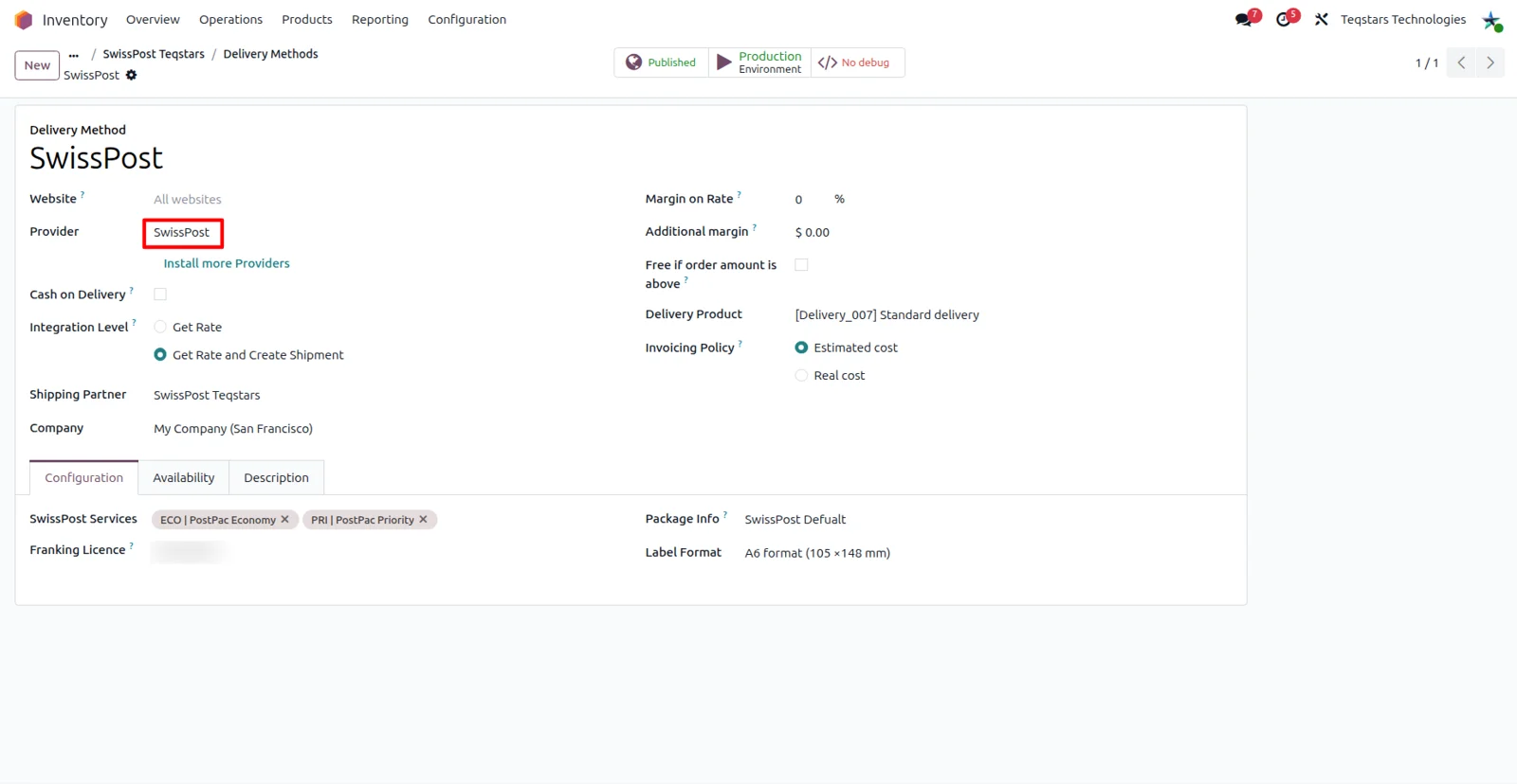 Swiss Post delivery method form in Odoo with the carrier provider and account settings