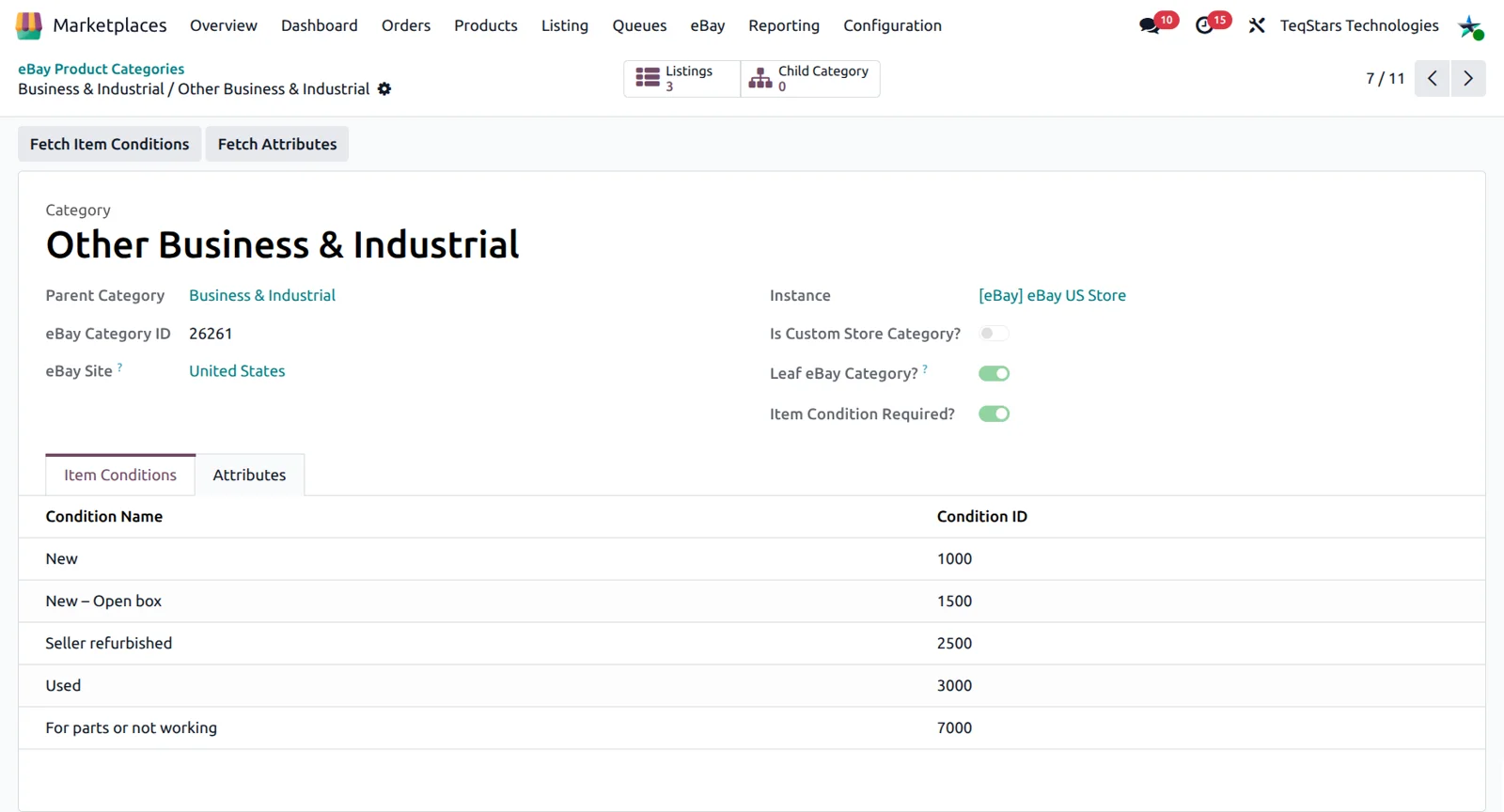 Odoo eBay category record with item conditions and fetched category attributes for eBay listings