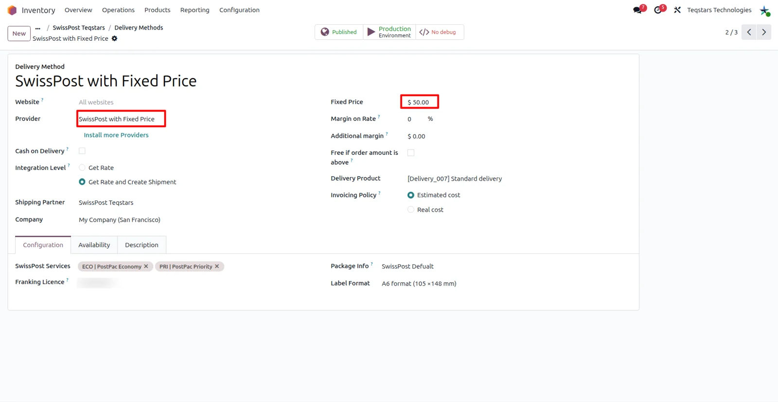 Odoo Swiss Post delivery method configured with a fixed shipping price