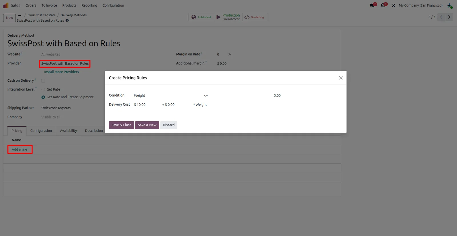 Pricing rule setup on a rule-based Swiss Post delivery method in Odoo