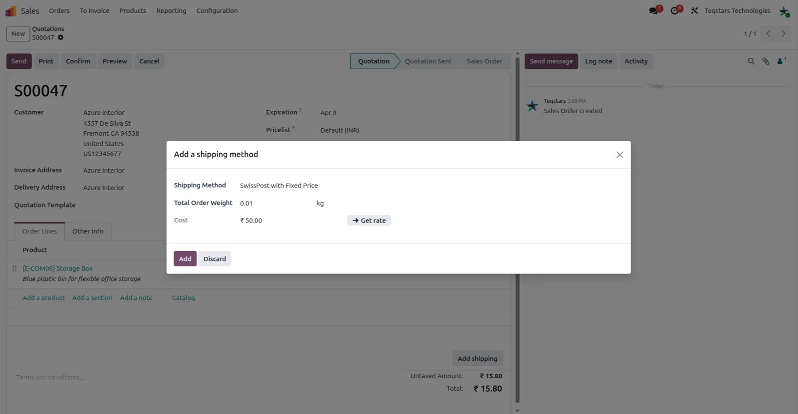Odoo sales order with a Swiss Post fixed price delivery method and its shipping line