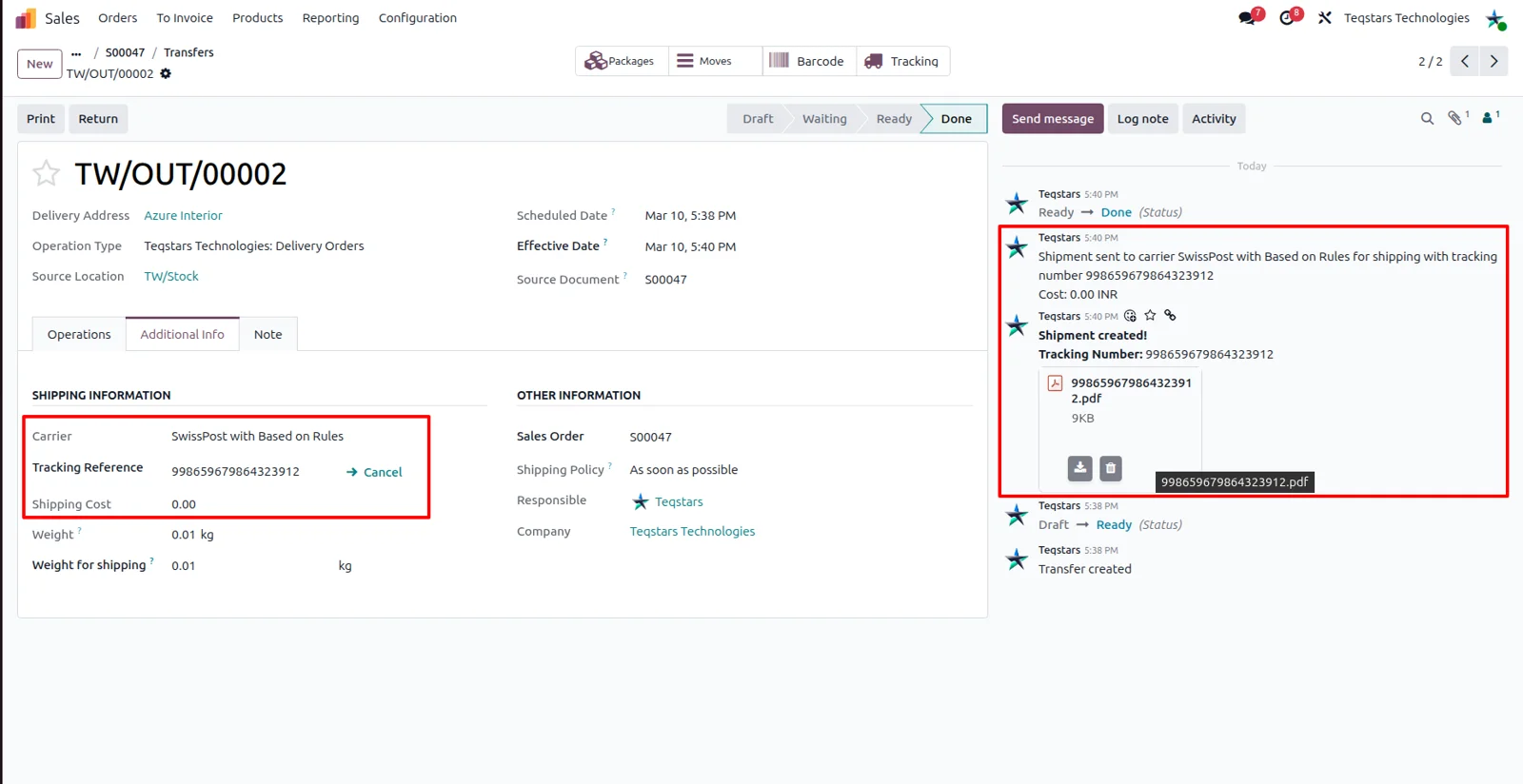 Odoo delivery order showing the Swiss Post tracking number and the attached shipping label