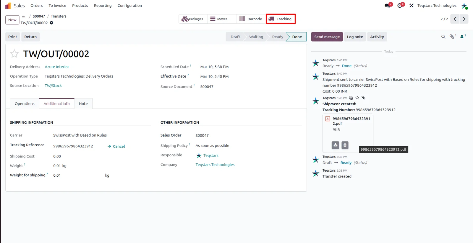 Tracking a Swiss Post shipment from an Odoo delivery order on the carrier portal