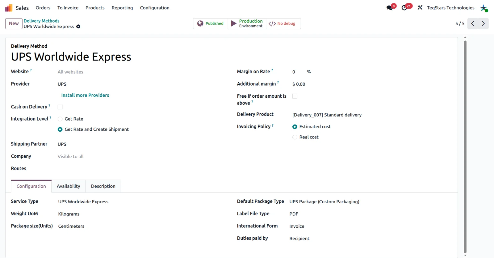 UPS delivery method configuration form in Odoo, with domestic and international shipping settings
