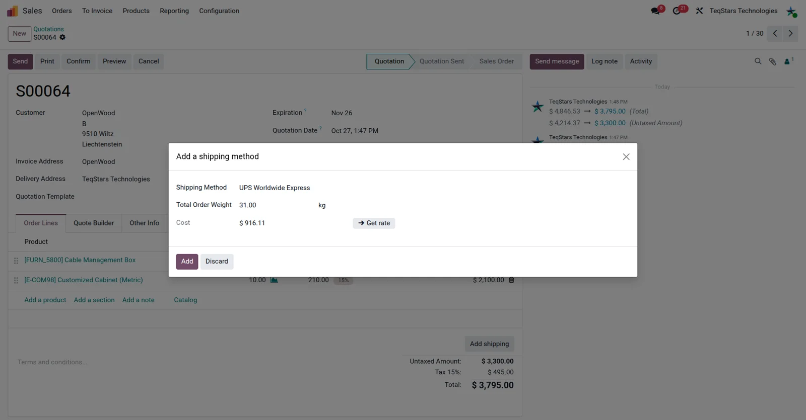 Odoo sales order with a UPS delivery method selected and the shipping cost added as a line