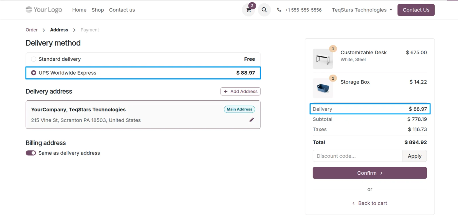 Odoo website checkout showing UPS shipping options and the rate for the shopper's cart