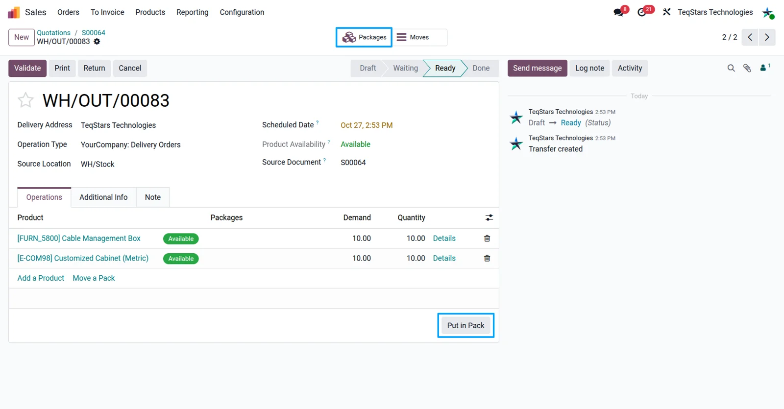 Odoo delivery order packages created with Put in Pack before the UPS shipment is submitted