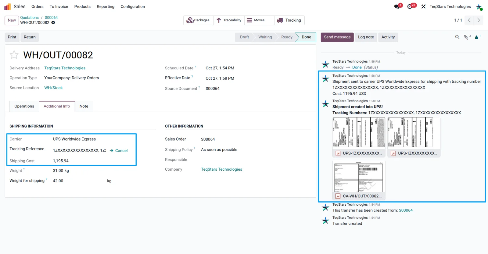 Odoo delivery order showing the UPS tracking number and the generated shipping label