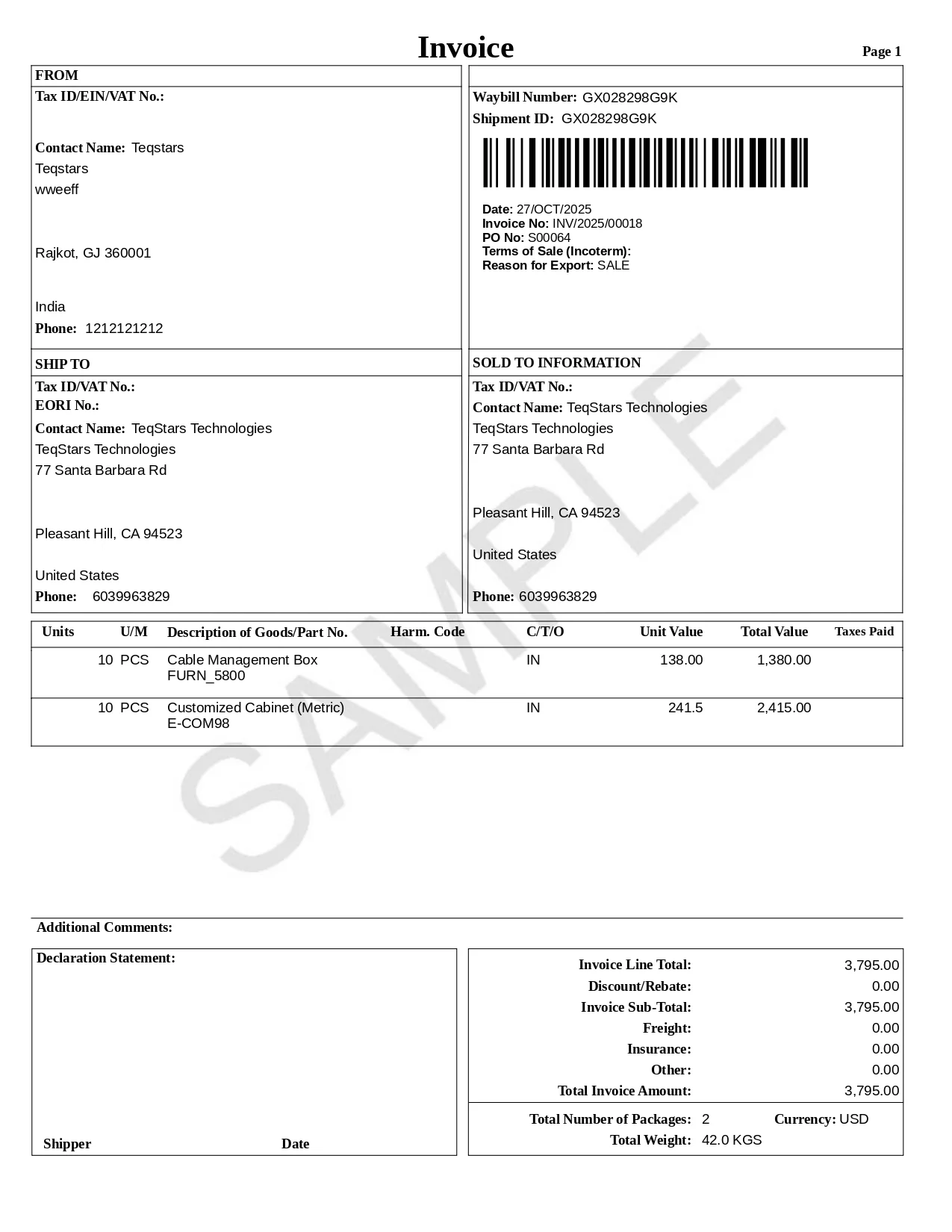 Commercial invoice generated by UPS Connector for an Odoo delivery order going abroad