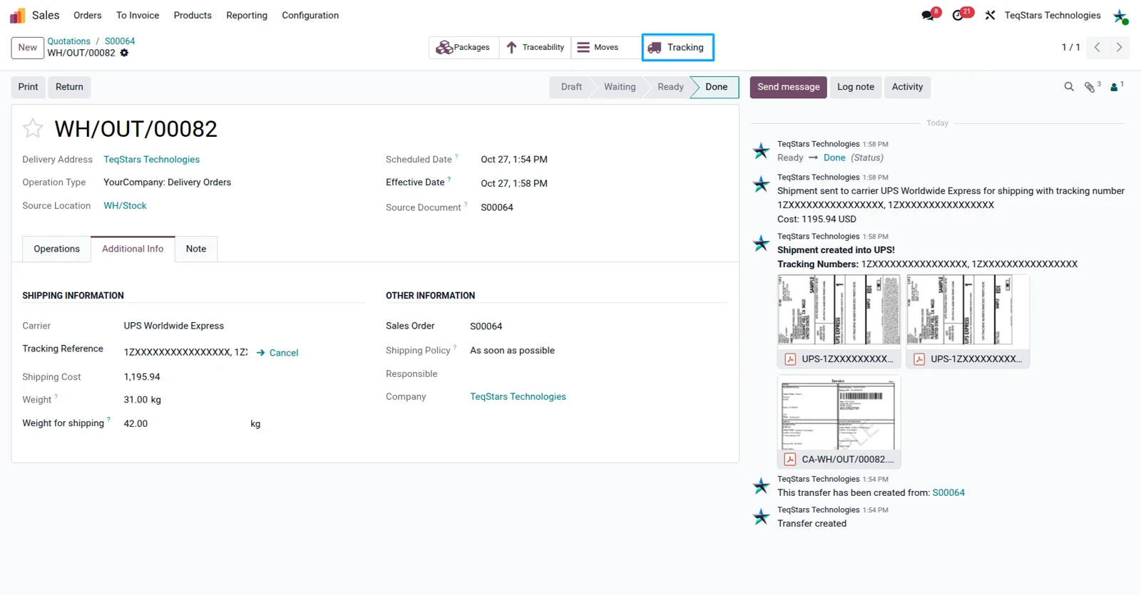UPS shipment tracking status and location shown for an Odoo delivery order