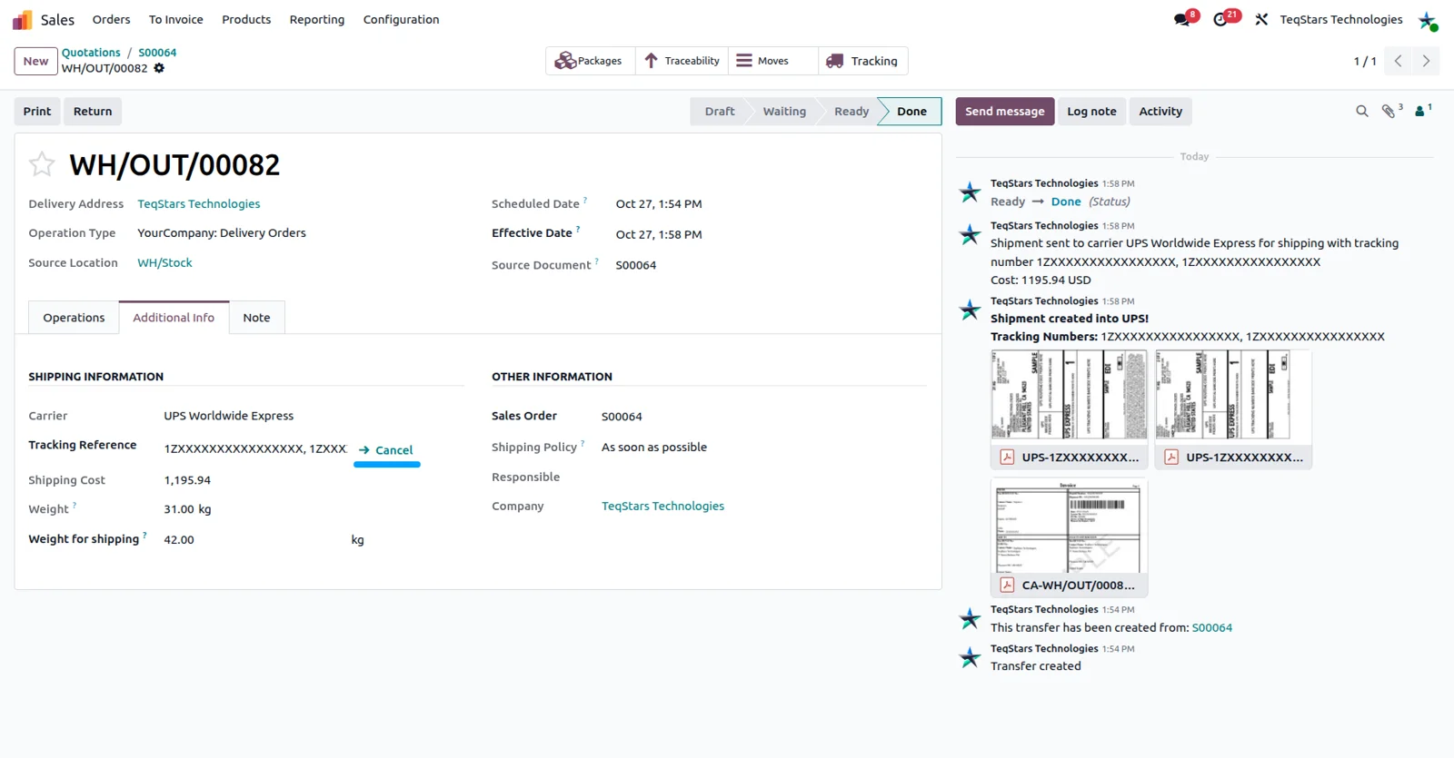 Cancel shipment action on an Odoo delivery order sending the cancellation to UPS