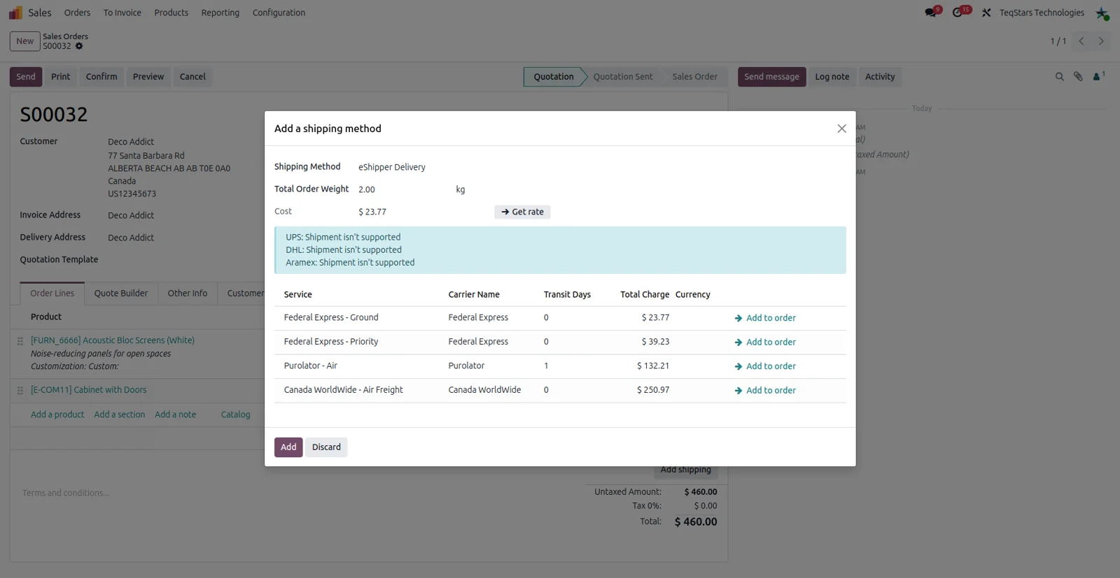 Odoo sales order with the eShipper delivery method and the available services and rates to choose from