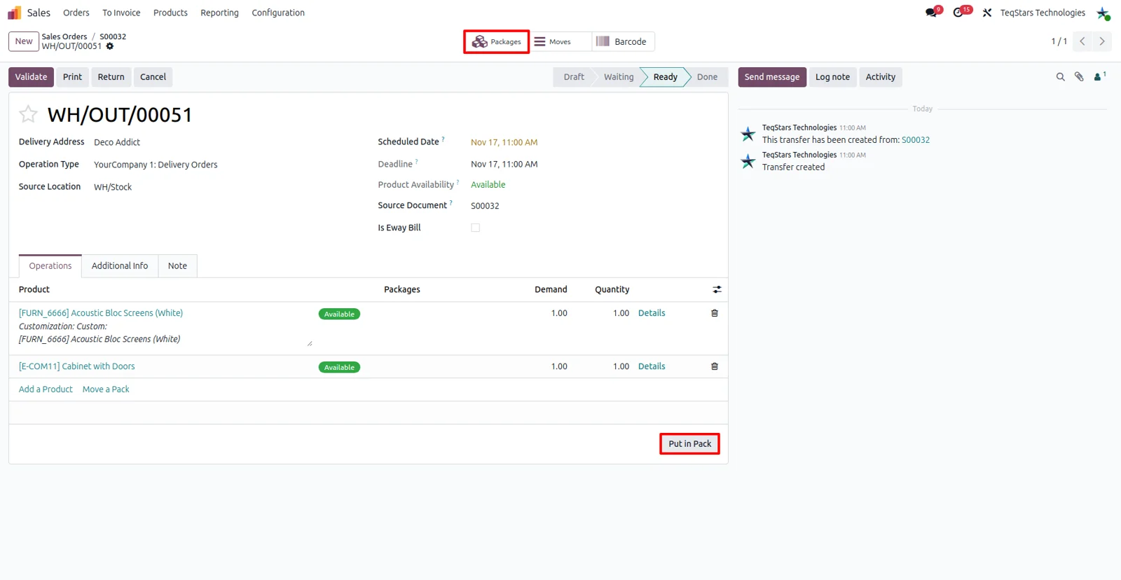 Package setup in an Odoo delivery order using Put in Pack for an eShipper shipment with several boxes