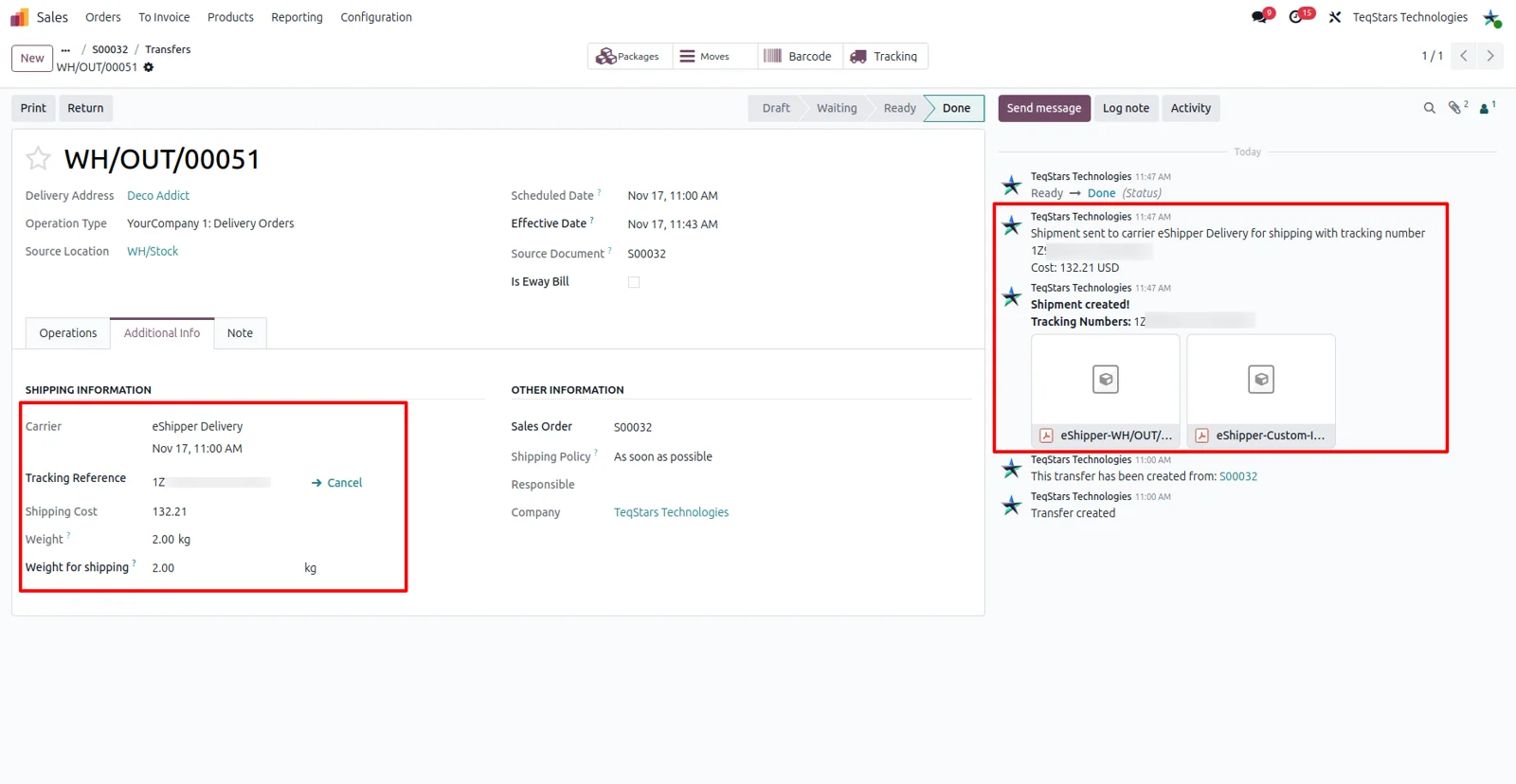 Odoo delivery order showing eShipper shipping information, the tracking number and the shipping cost