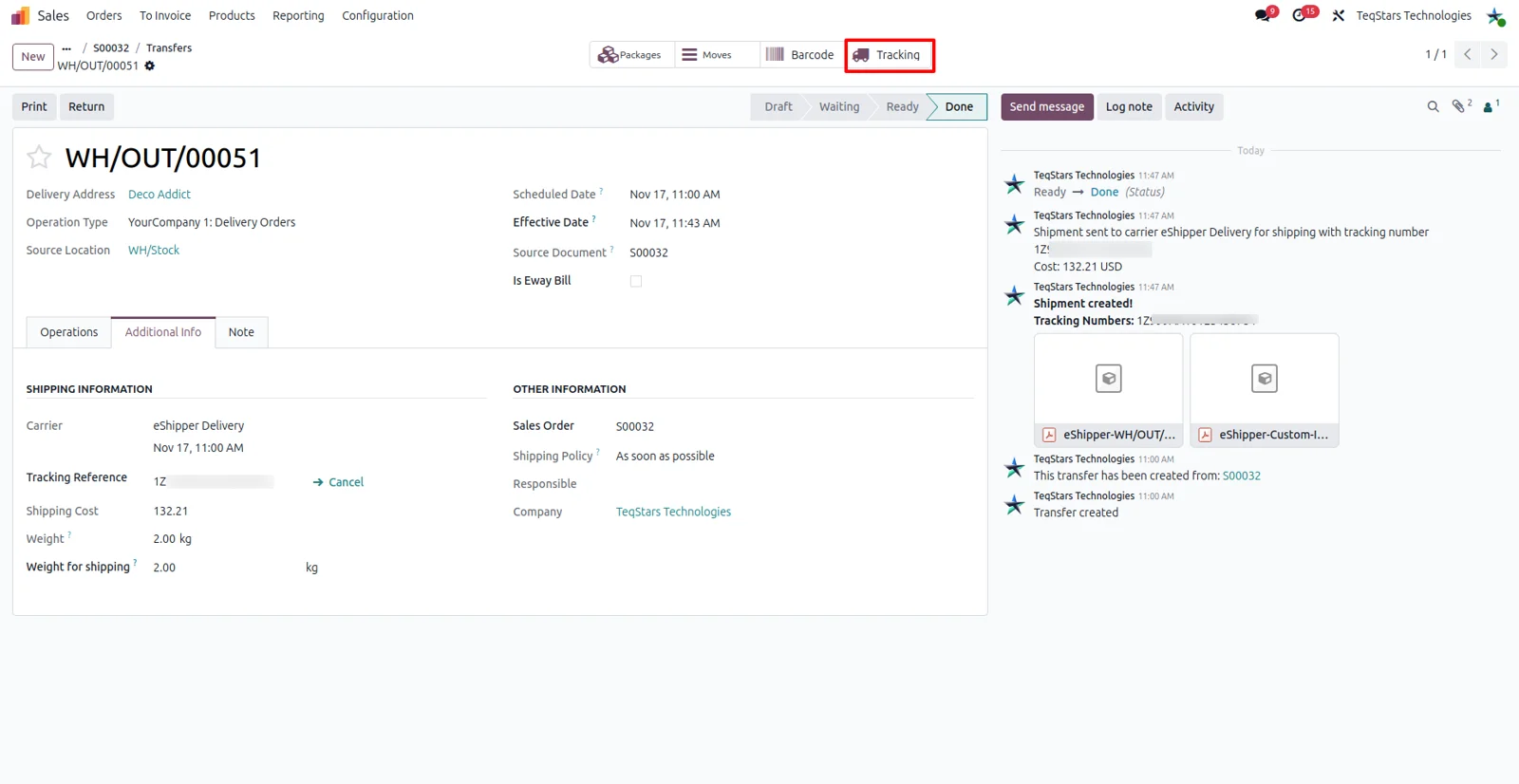 Real-time eShipper tracking status and shipment location shown in Odoo for a delivery