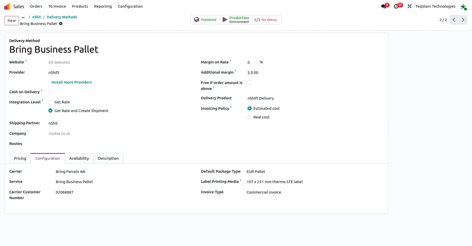 Odoo delivery method form configured for nShift in the nShift/Unifaun Connector