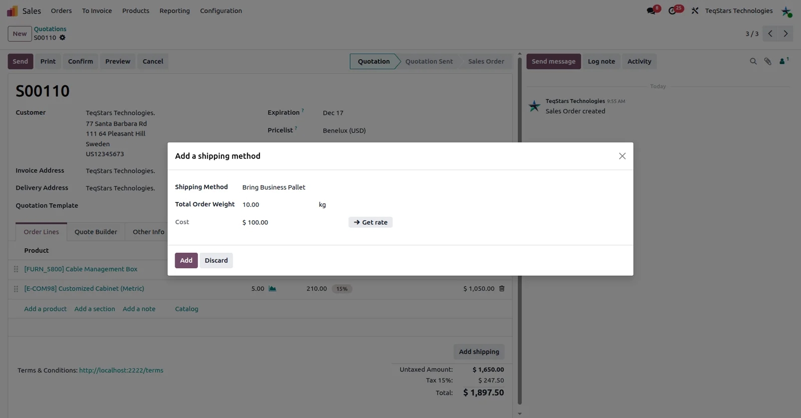 Sales order in Odoo with an nShift delivery method selected for the shipment