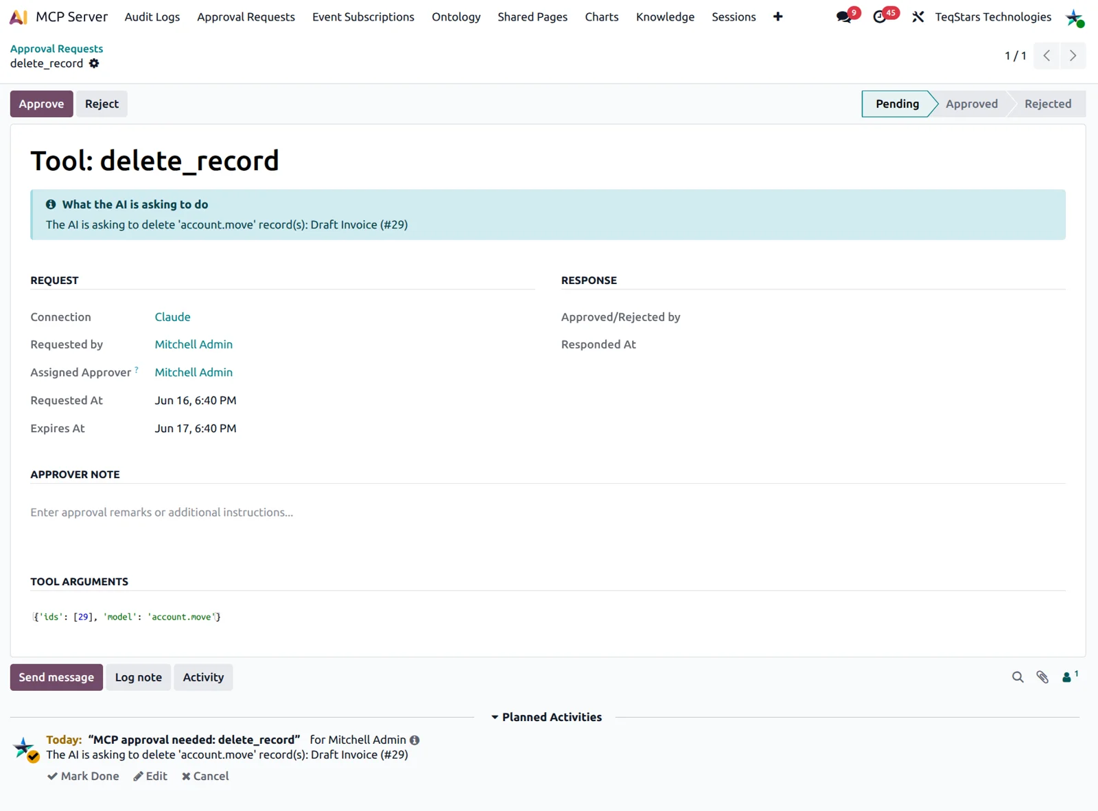 Odoo approval request from the Advanced MCP Server with a plain-English summary and Approve and Reject buttons